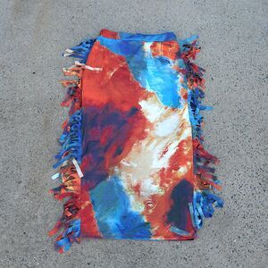 XL Abstract Print Fringe Maxi Pencil Skirt Red Blue Orange Stretch Bodycon